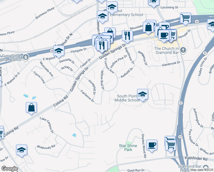 map of restaurants, bars, coffee shops, grocery stores, and more near 1485 South Lemon Avenue in Walnut
