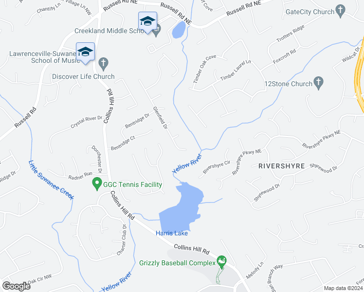 map of restaurants, bars, coffee shops, grocery stores, and more near 1405 Glenfield Drive in Lawrenceville