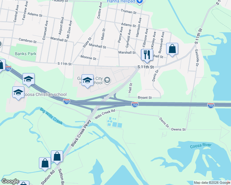 map of restaurants, bars, coffee shops, grocery stores, and more near 1917 Black Creek Parkway in Gadsden