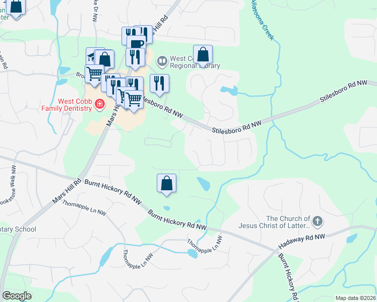 map of restaurants, bars, coffee shops, grocery stores, and more near 1722 Rose Hedge Way Northwest in Kennesaw