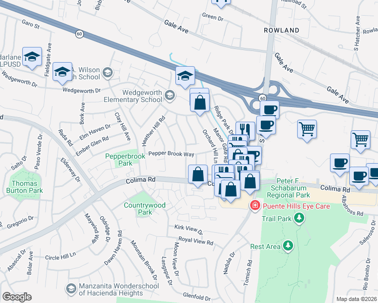map of restaurants, bars, coffee shops, grocery stores, and more near 16947 Pepper Brook Way in Hacienda Heights