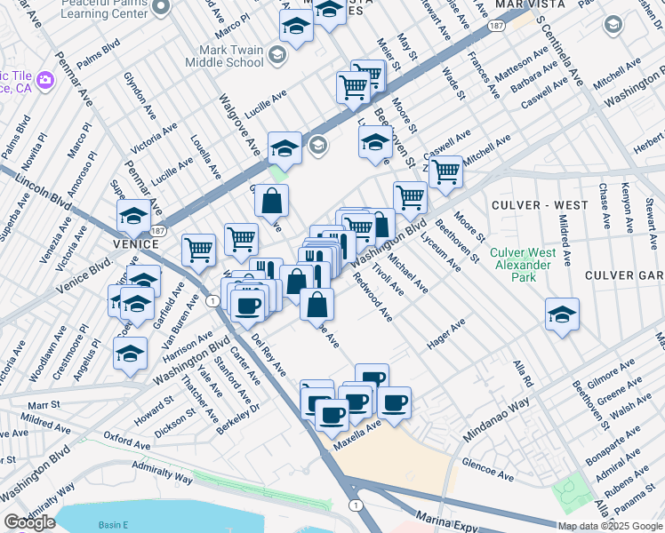 map of restaurants, bars, coffee shops, grocery stores, and more near 13347 Washington Boulevard in Los Angeles