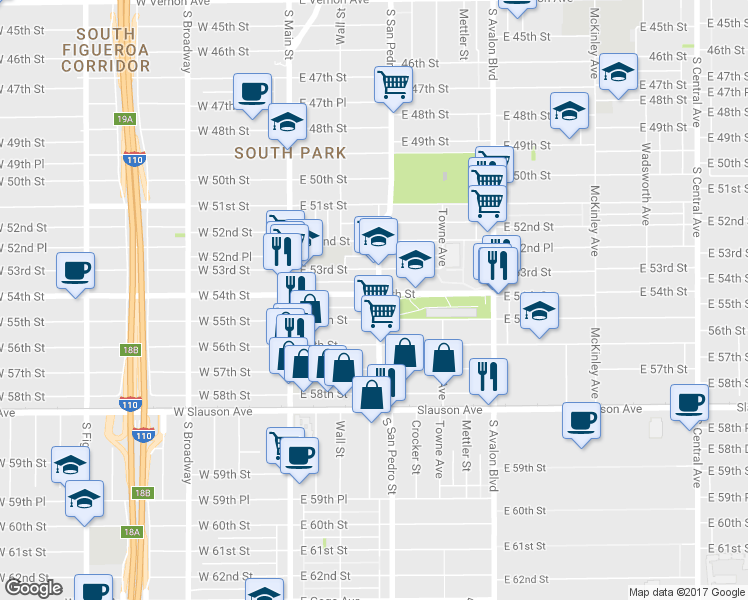 map of restaurants, bars, coffee shops, grocery stores, and more near 242 East 54th Street in Los Angeles