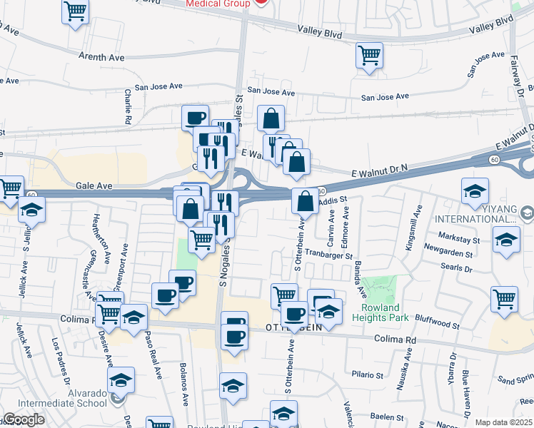 map of restaurants, bars, coffee shops, grocery stores, and more near 19103 Aldora Drive in Rowland Heights