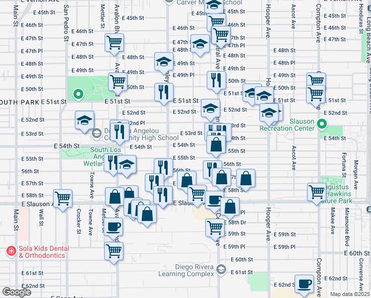 map of restaurants, bars, coffee shops, grocery stores, and more near 898 East 54th Street in Los Angeles