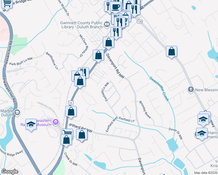 map of restaurants, bars, coffee shops, grocery stores, and more near 3293 Crossfield Way in Duluth