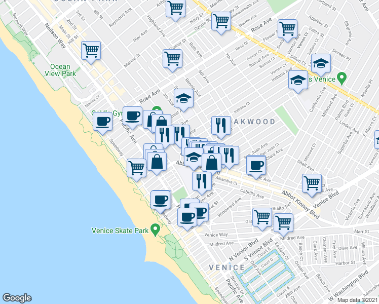 map of restaurants, bars, coffee shops, grocery stores, and more near 318 Brooks Avenue in Los Angeles