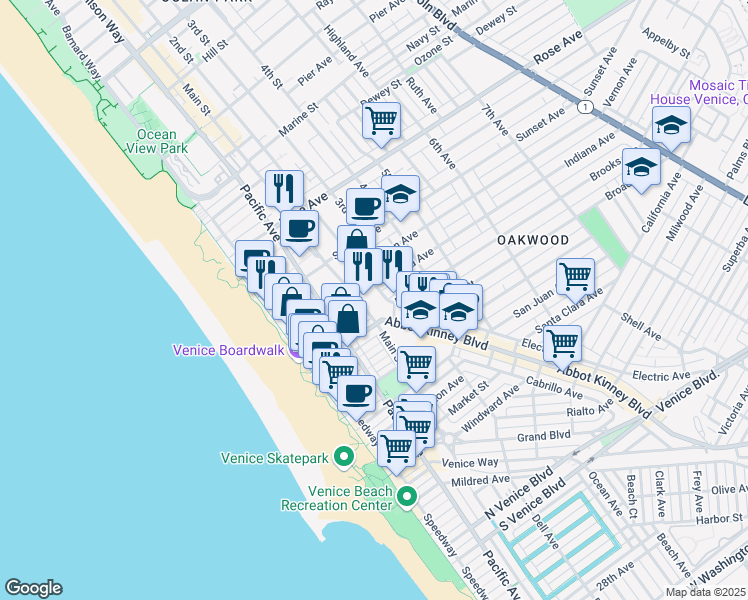 map of restaurants, bars, coffee shops, grocery stores, and more near 815 Hampton Drive in Los Angeles