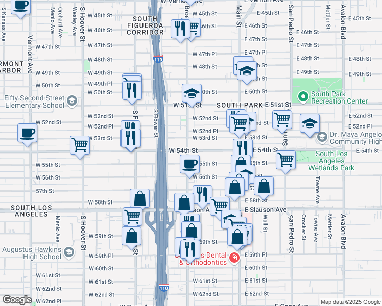 map of restaurants, bars, coffee shops, grocery stores, and more near 5400 South Broadway in Los Angeles