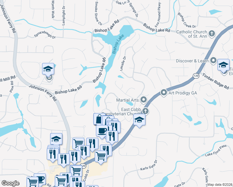 map of restaurants, bars, coffee shops, grocery stores, and more near 4429 Waterbury Lane in Marietta