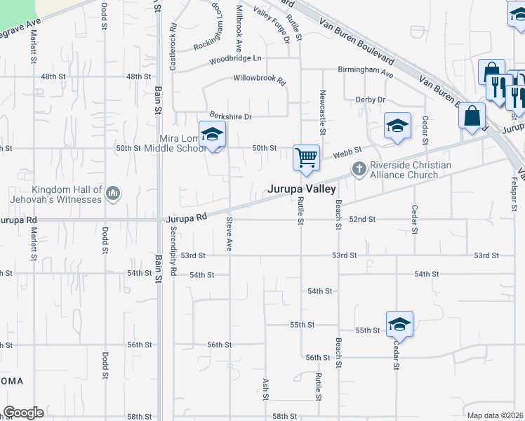 map of restaurants, bars, coffee shops, grocery stores, and more near 9904 Jurupa Road in Riverside