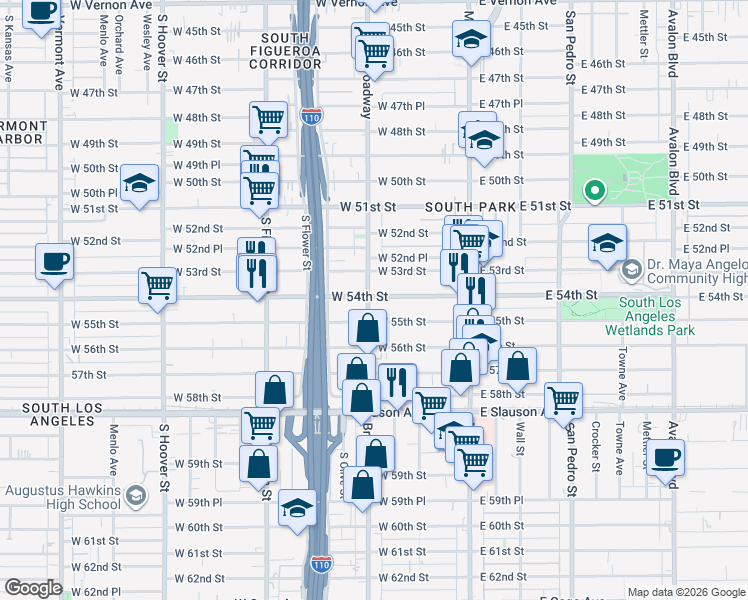 map of restaurants, bars, coffee shops, grocery stores, and more near 5400 South Broadway in Los Angeles