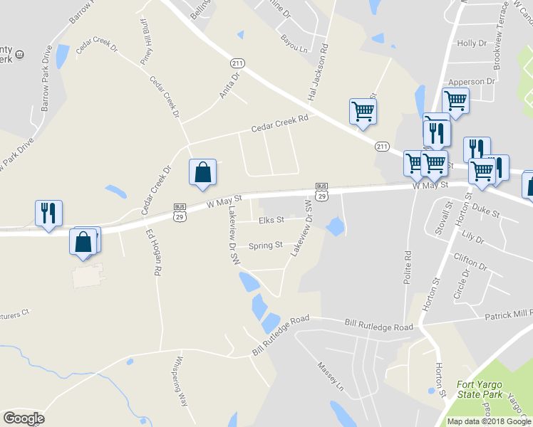 map of restaurants, bars, coffee shops, grocery stores, and more near 265 Elks Street in Winder