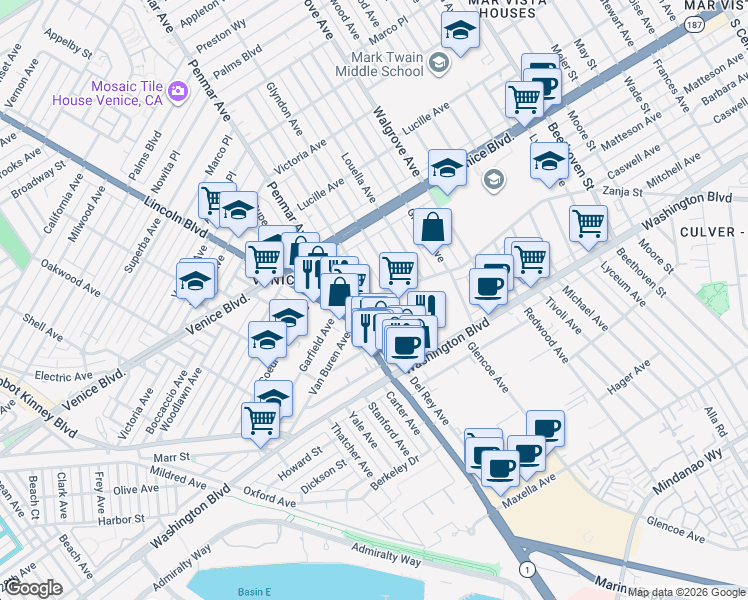 map of restaurants, bars, coffee shops, grocery stores, and more near 2501 Walnut Avenue in Los Angeles