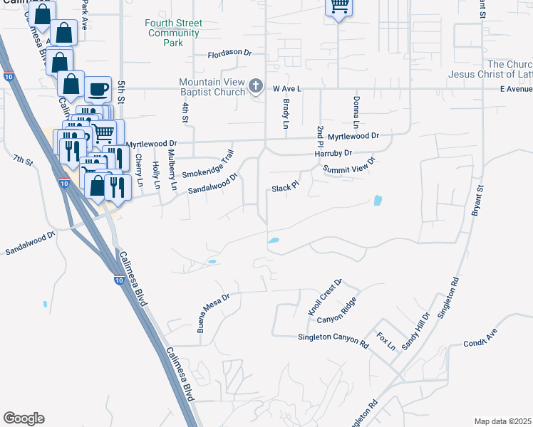 map of restaurants, bars, coffee shops, grocery stores, and more near Slack Place in Calimesa