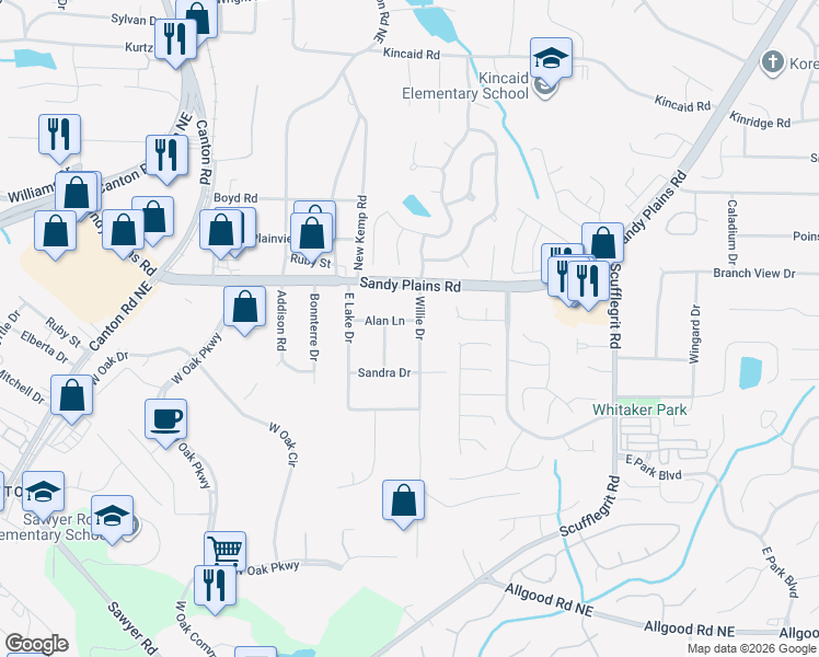 map of restaurants, bars, coffee shops, grocery stores, and more near 1200 Alan Lane in Marietta