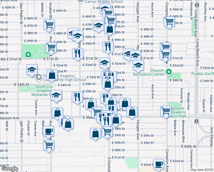 map of restaurants, bars, coffee shops, grocery stores, and more near 5407 South Central Avenue in Los Angeles