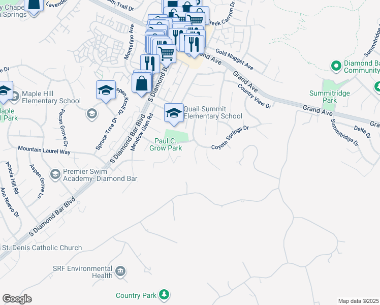 map of restaurants, bars, coffee shops, grocery stores, and more near 1625 Bears Den Road in Diamond Bar