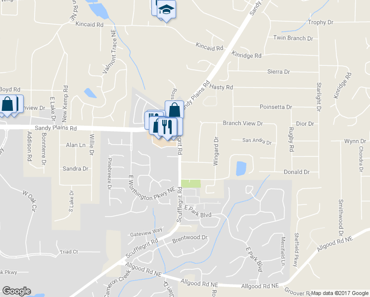 map of restaurants, bars, coffee shops, grocery stores, and more near 1752 Scufflegrit Road in Marietta