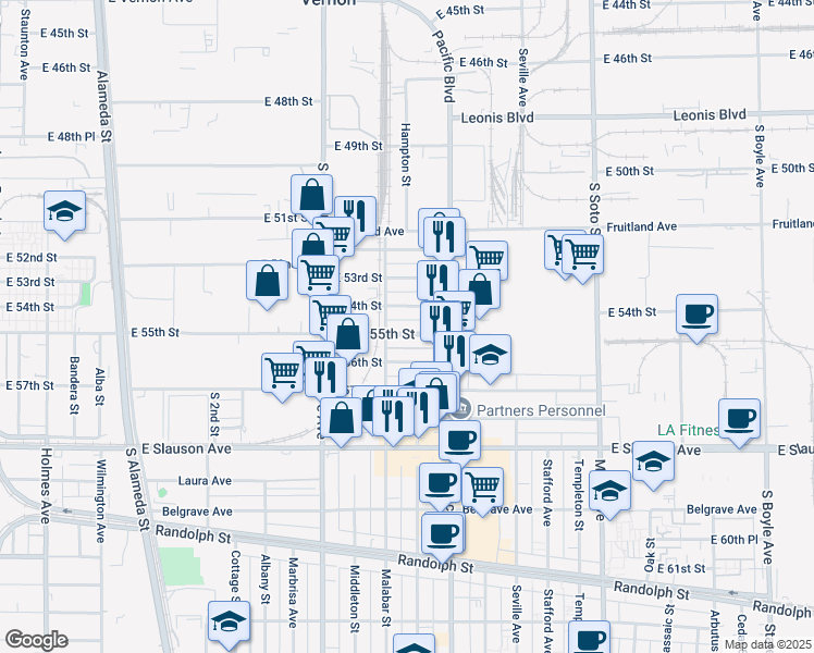 map of restaurants, bars, coffee shops, grocery stores, and more near 2523 East 55th Street in Huntington Park