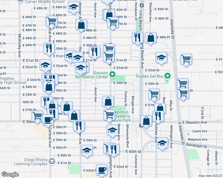 map of restaurants, bars, coffee shops, grocery stores, and more near 5426 Compton Avenue in Los Angeles