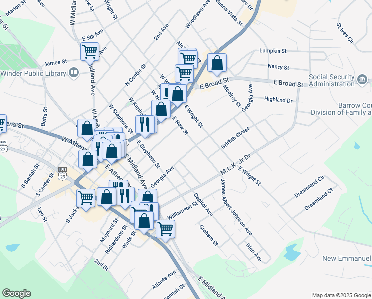 map of restaurants, bars, coffee shops, grocery stores, and more near 198 Georgia Avenue in Winder