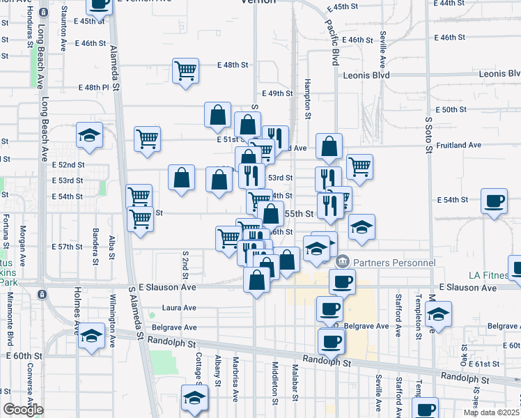 map of restaurants, bars, coffee shops, grocery stores, and more near 5420 South Santa Fe Avenue in Vernon