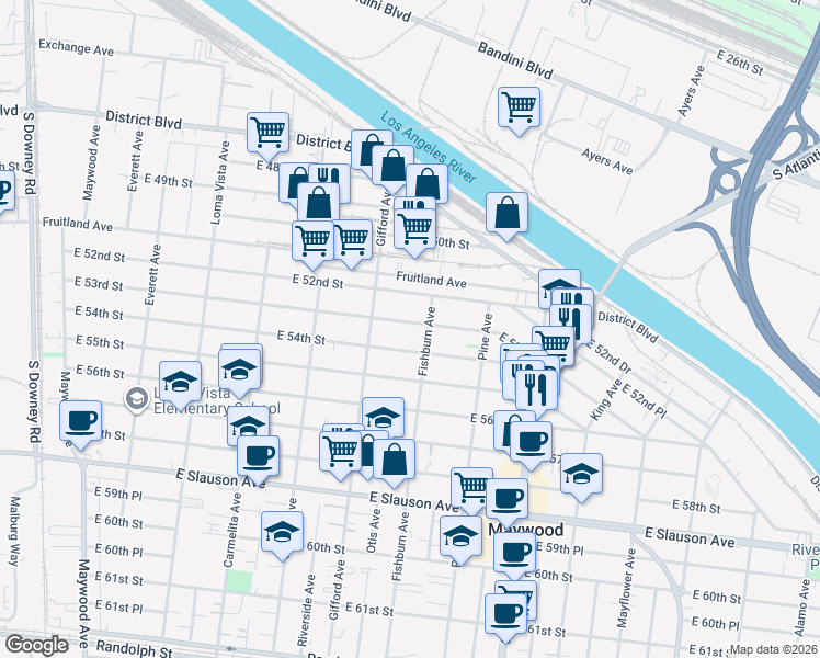 map of restaurants, bars, coffee shops, grocery stores, and more near 4204 East 53rd Street in Maywood