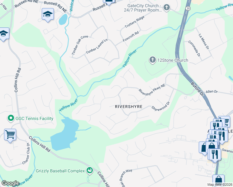 map of restaurants, bars, coffee shops, grocery stores, and more near 1435 Rivershyre Parkway Northeast in Lawrenceville
