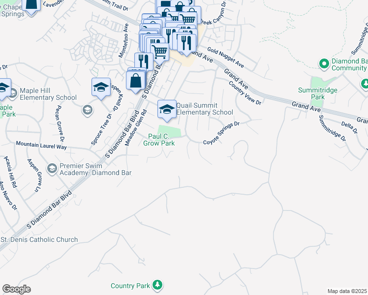 map of restaurants, bars, coffee shops, grocery stores, and more near 1625 Bears Den Road in Diamond Bar