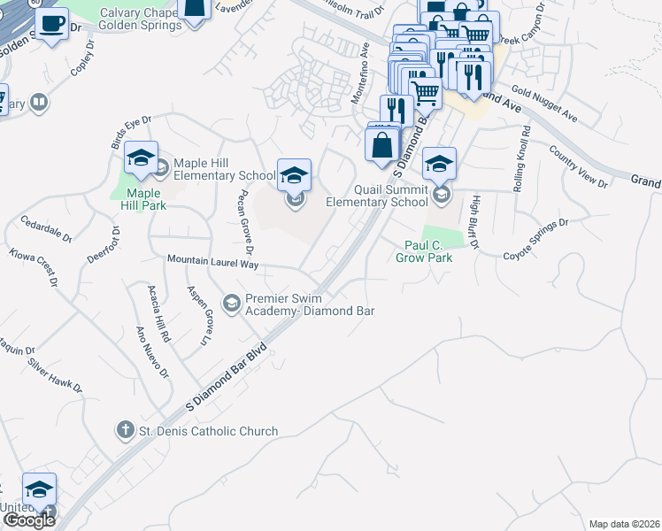map of restaurants, bars, coffee shops, grocery stores, and more near 1683 South Diamond Bar Boulevard in Diamond Bar