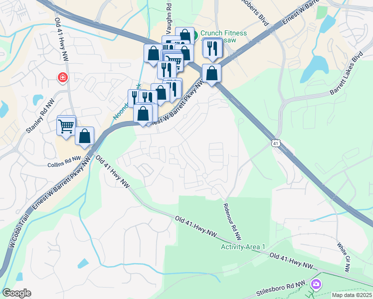 map of restaurants, bars, coffee shops, grocery stores, and more near 1651 Ridenour Parkway Northwest in Kennesaw
