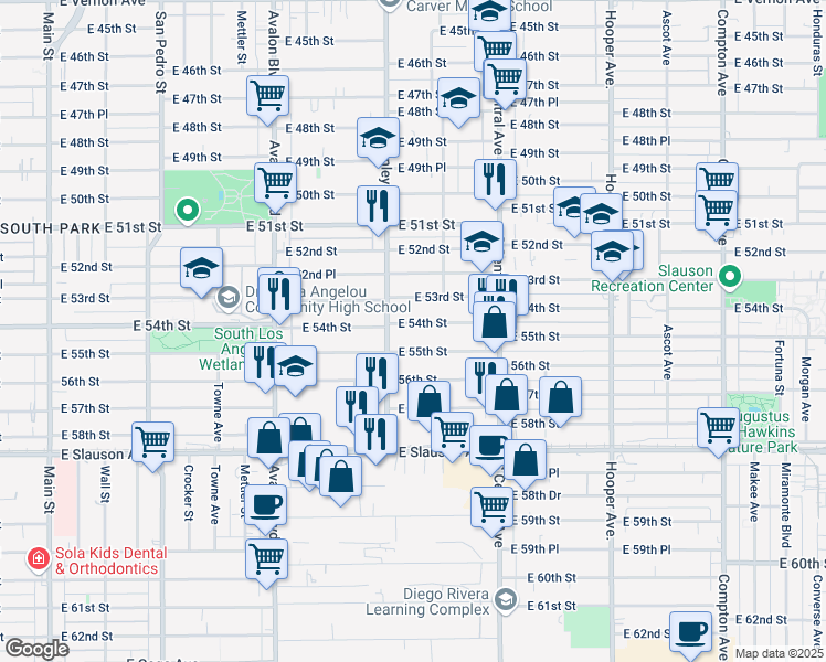 map of restaurants, bars, coffee shops, grocery stores, and more near 898 East 54th Street in Los Angeles