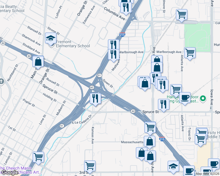 map of restaurants, bars, coffee shops, grocery stores, and more near 1995 Down Street in Riverside