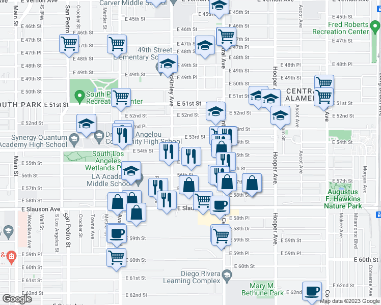 map of restaurants, bars, coffee shops, grocery stores, and more near 898 East 54th Street in Los Angeles