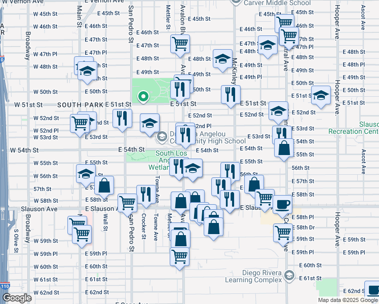 map of restaurants, bars, coffee shops, grocery stores, and more near 626 East 54th Street in Los Angeles