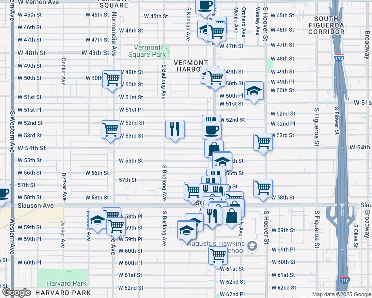 map of restaurants, bars, coffee shops, grocery stores, and more near 1122 West 54th Street in Los Angeles