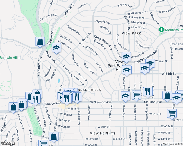 map of restaurants, bars, coffee shops, grocery stores, and more near 5338 Marburn Avenue in View Park-Windsor Hills