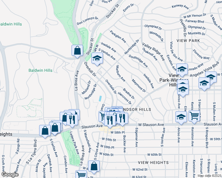 map of restaurants, bars, coffee shops, grocery stores, and more near 5402 Onacrest Drive in View Park-Windsor Hills