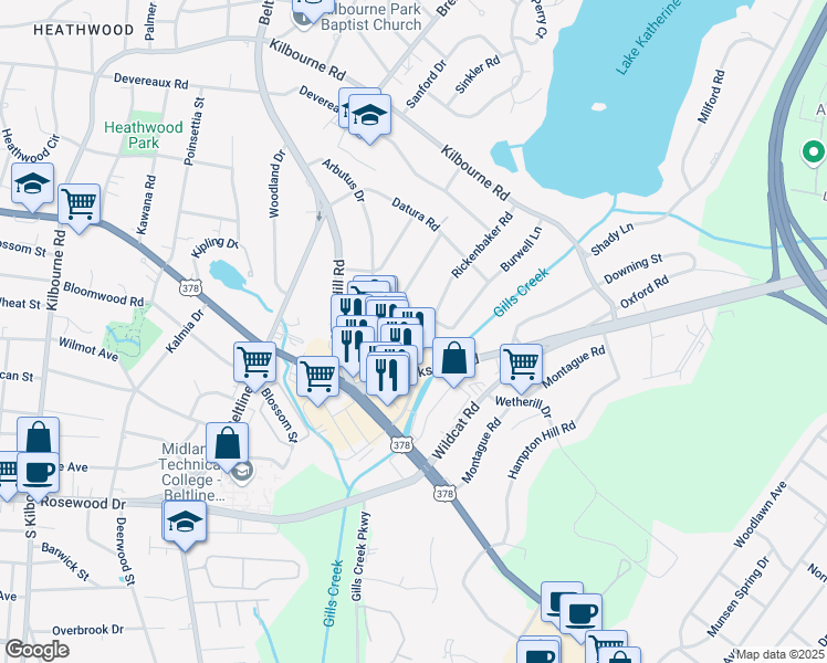 map of restaurants, bars, coffee shops, grocery stores, and more near 702 Cross Hill Road in Columbia