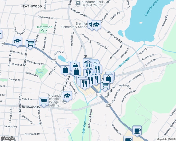 map of restaurants, bars, coffee shops, grocery stores, and more near 724 Cross Hill Road in Columbia