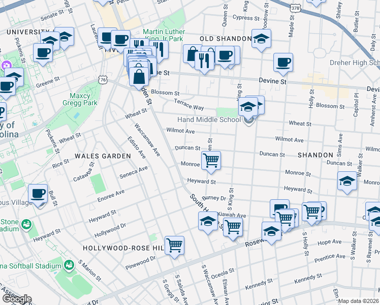 map of restaurants, bars, coffee shops, grocery stores, and more near 2400 Duncan Street in Columbia