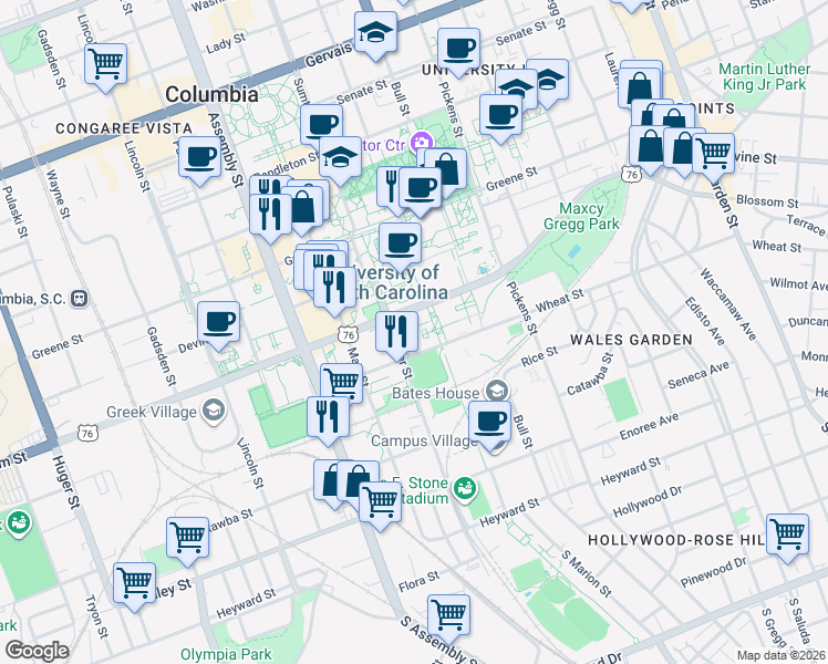 map of restaurants, bars, coffee shops, grocery stores, and more near in Columbia