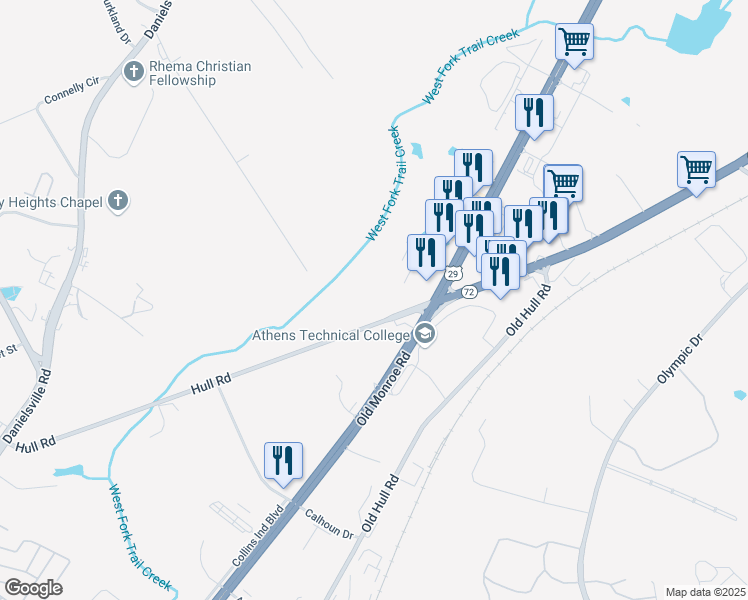 map of restaurants, bars, coffee shops, grocery stores, and more near 327-399 Hull Road in Athens