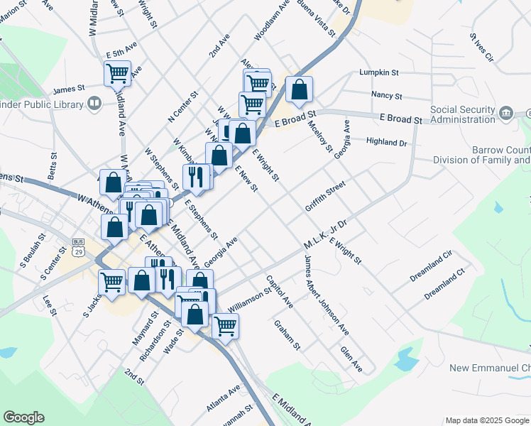 map of restaurants, bars, coffee shops, grocery stores, and more near 198 Georgia Avenue in Winder