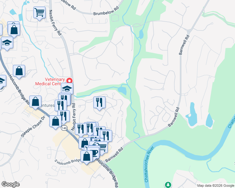 map of restaurants, bars, coffee shops, grocery stores, and more near 400 Colony Cove in Alpharetta