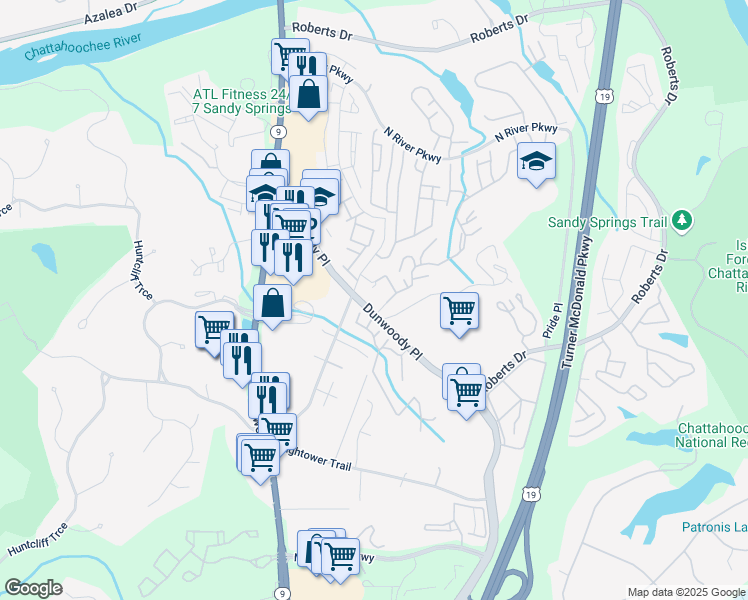 map of restaurants, bars, coffee shops, grocery stores, and more near 2 Cedar Run in Sandy Springs