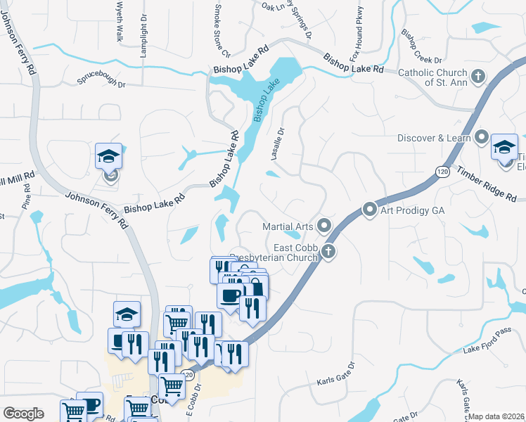 map of restaurants, bars, coffee shops, grocery stores, and more near 4429 Waterbury Lane in Marietta