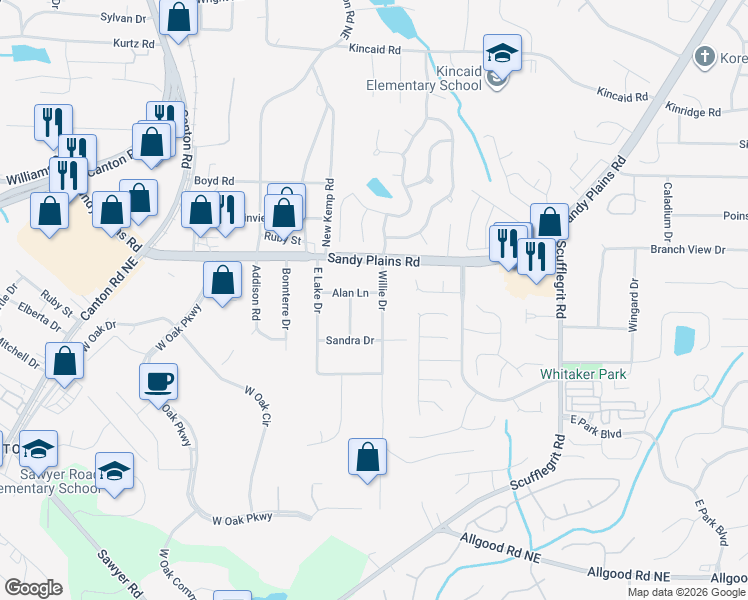 map of restaurants, bars, coffee shops, grocery stores, and more near 1200 Alan Lane in Marietta
