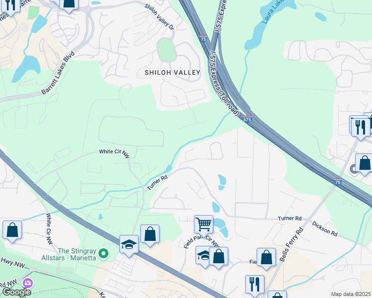 map of restaurants, bars, coffee shops, grocery stores, and more near 1529 Shiloh Manor Court in Marietta
